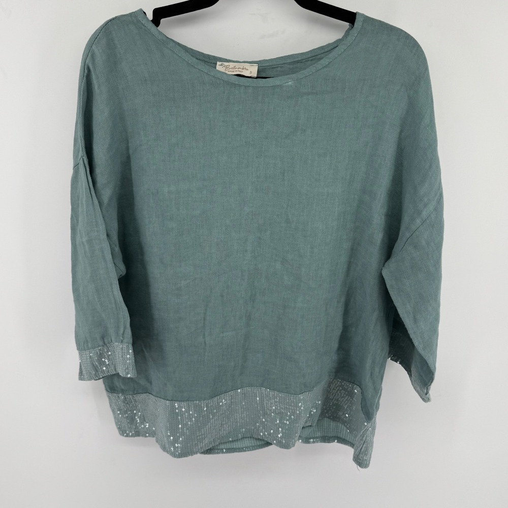 Bellambra Sage Green 100% Linen Sequin Trim Top Made in Italy Small - Picture 1 of 7